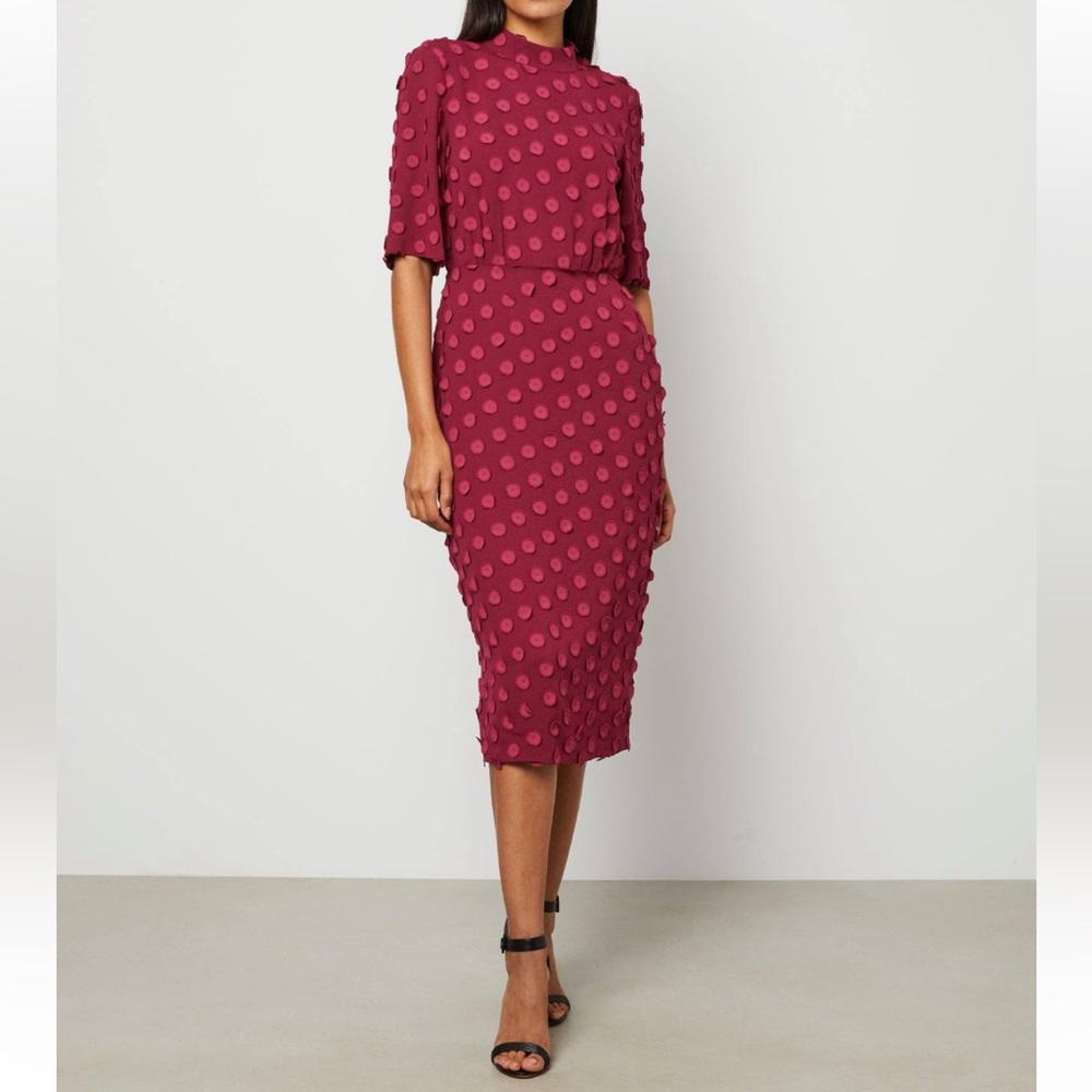 NWT BCBGMaxazria cranberry textured polk-a-dit midi body-con dress small